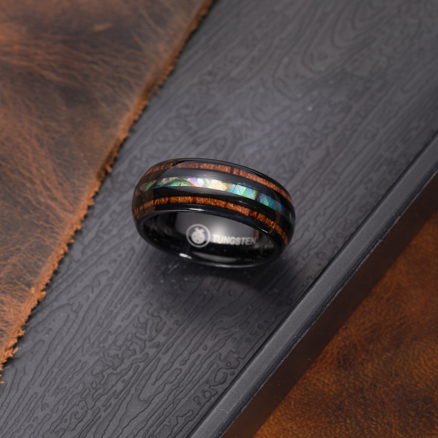 8mm Black Tungsten Carbide Hawaiian Koa Wood Tree and Abalone Shell Inlay Mauka to Makai Comfort Fit Ring Engagement Wedding Band