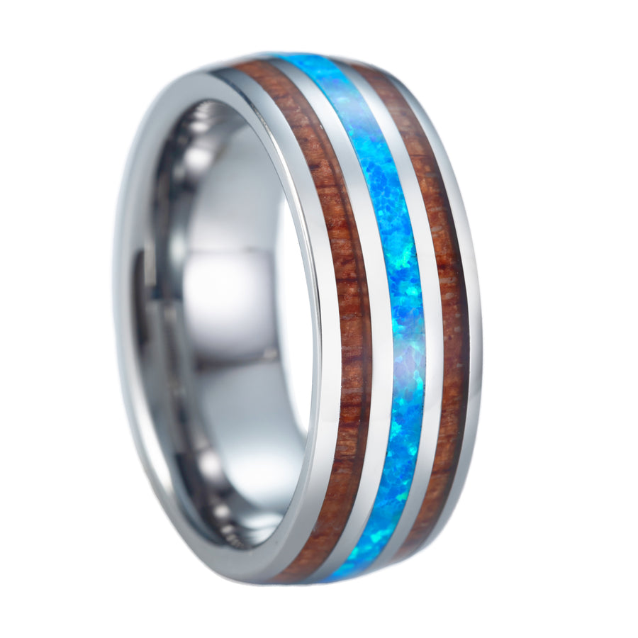 Tungsten Carbide Hawaiian Koa Wood with Blue Opal Inlay 8mm Ring