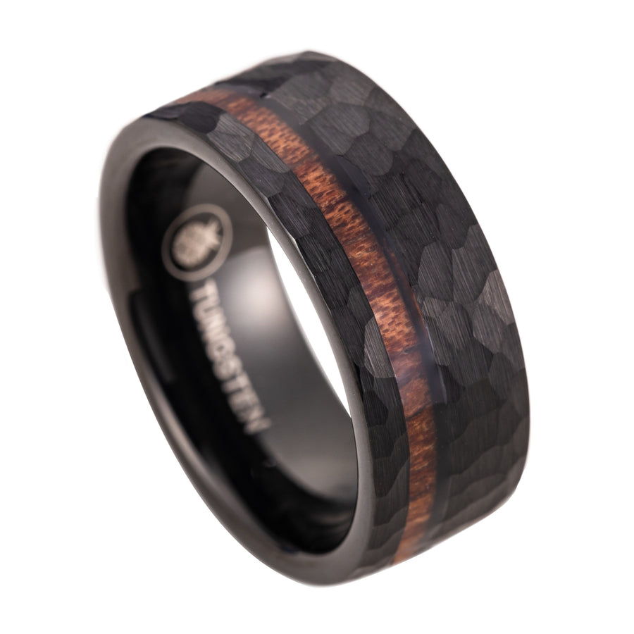 Hammered Black Tungsten Carbide Genuine Hawaiian Koa Wood 8mm Wedding Band