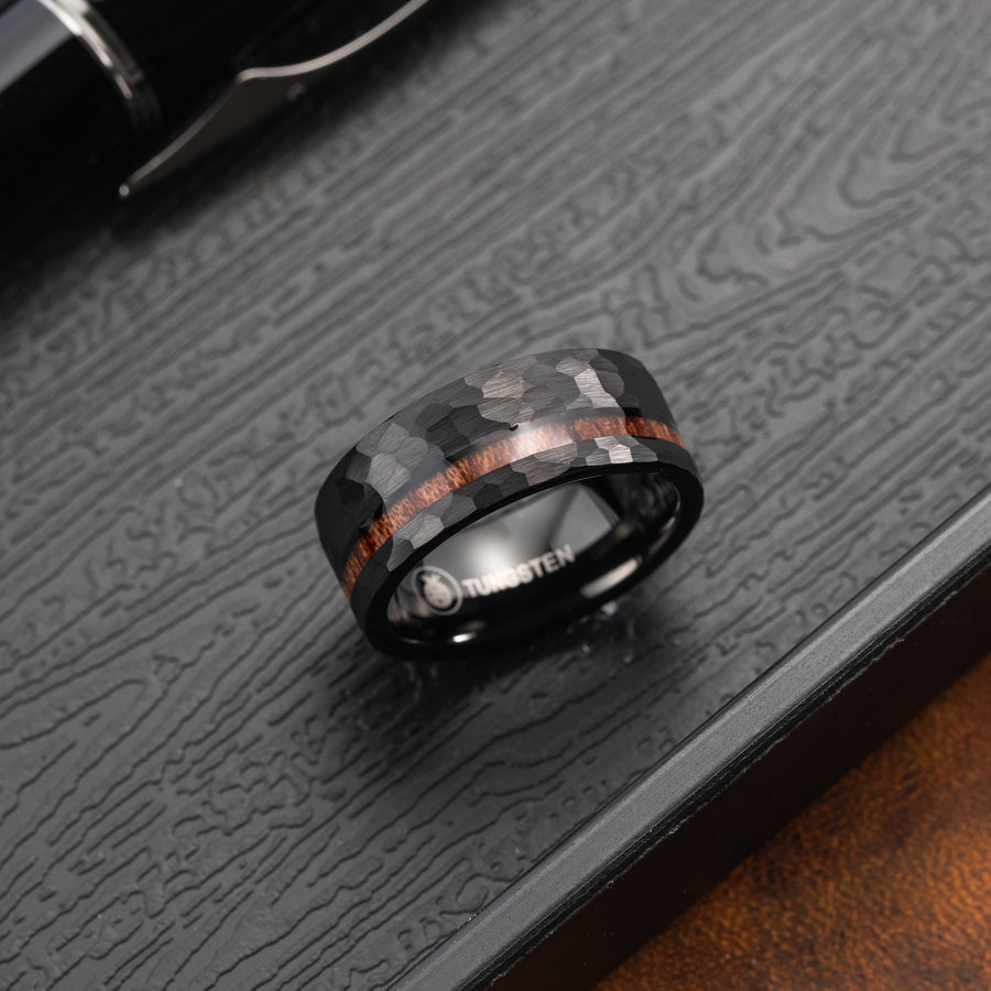 Hammered Black Tungsten Carbide Genuine Hawaiian Koa Wood 8mm Wedding Band