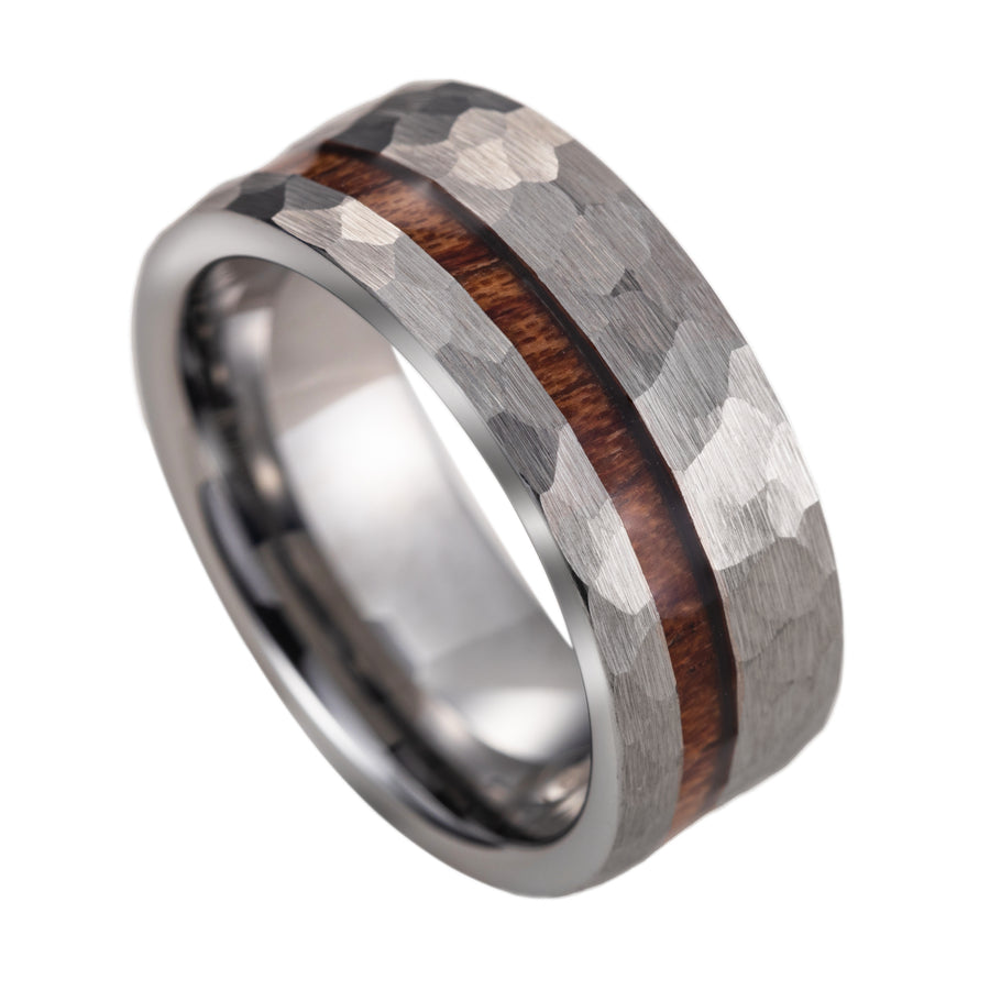 Hammered Tungsten Carbide Genuine Hawaiian Koa Wood 8mm Wedding Band