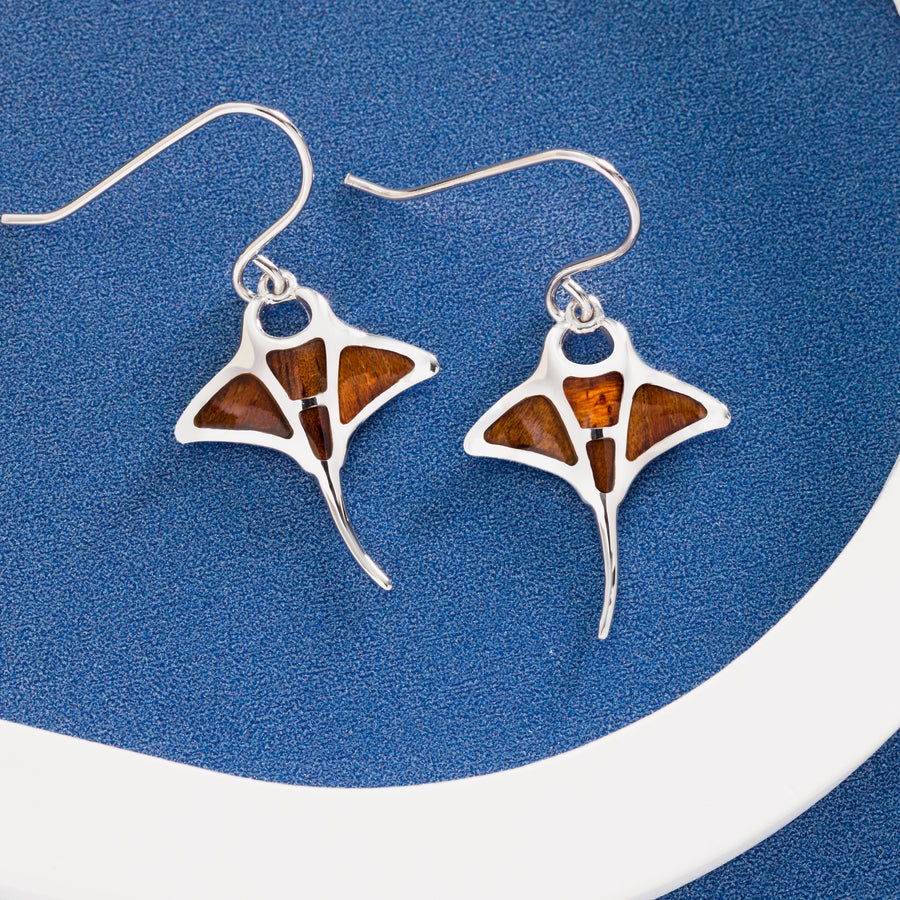 Sterling Silver Koa Wood Manta Ray Dangle Earrings