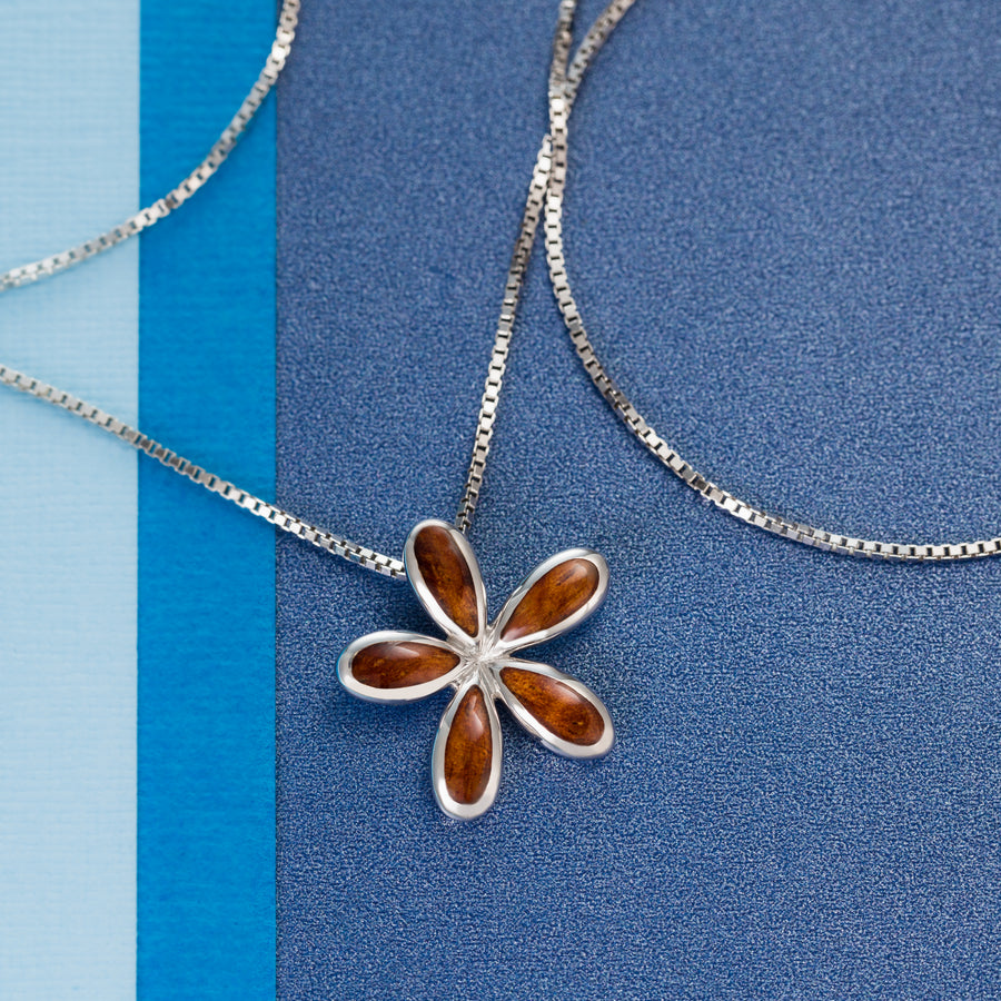 Sterling Silver Koa Wood Plumeria Flower Necklace Pendant