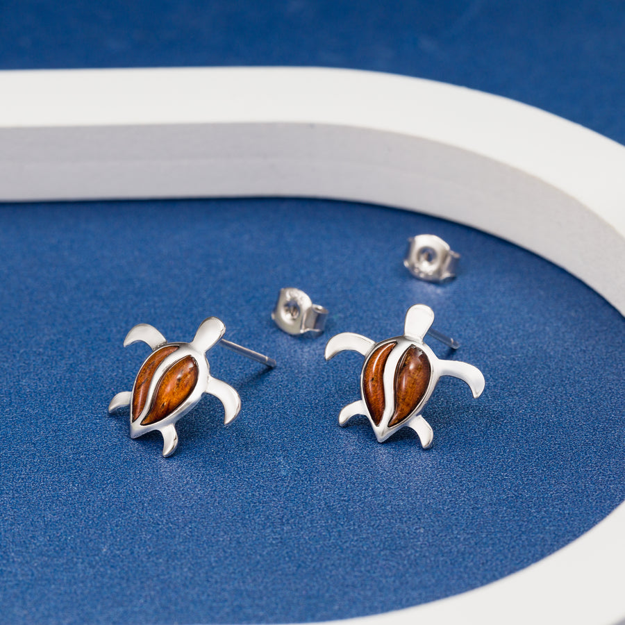 Sterling Silver Koa Wood S Back Turtle Stud Earrings