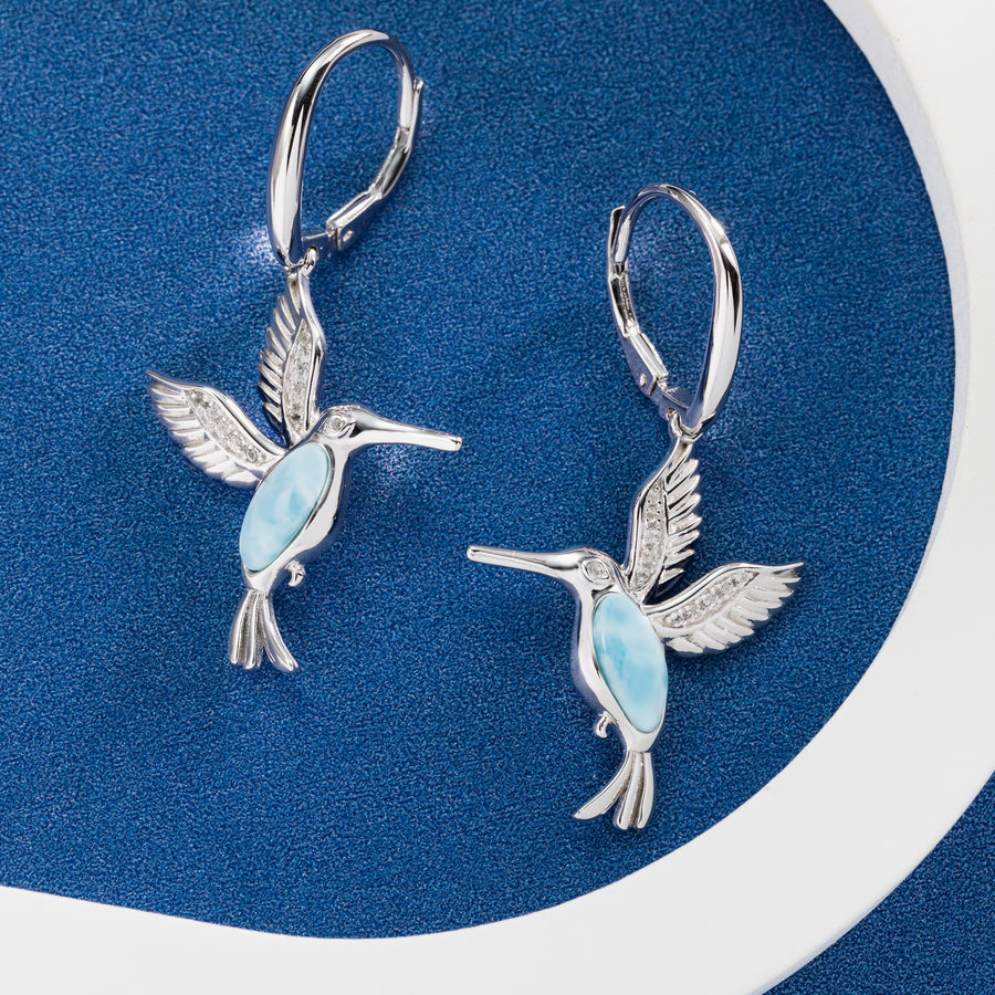 Sterling Silver Natural Larimar Hummingbird Dangle Earrings with Cubic Zirconia