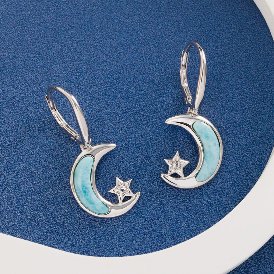 Sterling Silver Natural Larimar Star and Moon Dangle Earrings with Cubic Zirconia