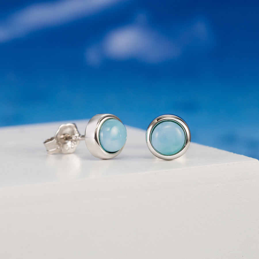 Sterling Silver Natural Larimar Round Stud Earrings