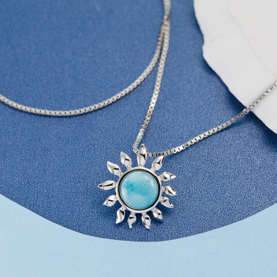 Sterling Silver Natural Larimar Sunflower Pendant