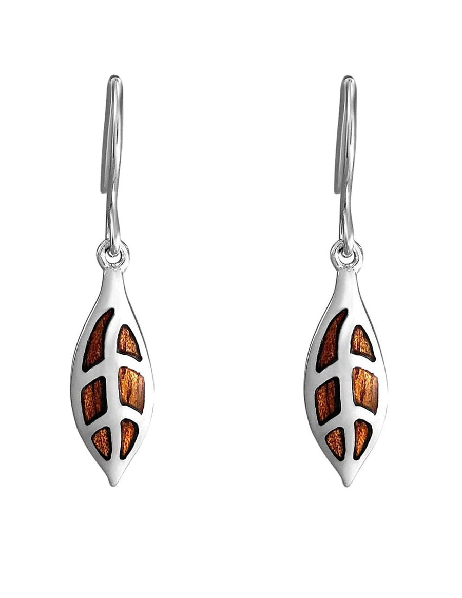 Sterling Silver Koa Wood Maile Leaf Dangle Earrings