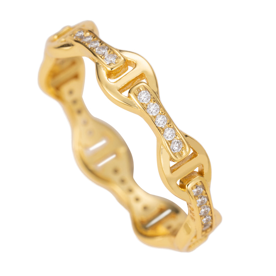 Sterling Silver 18K Gold Plated Cubic Zirconia Maritime Mariner Anchor Chain Link Stackable Ring Wedding Band