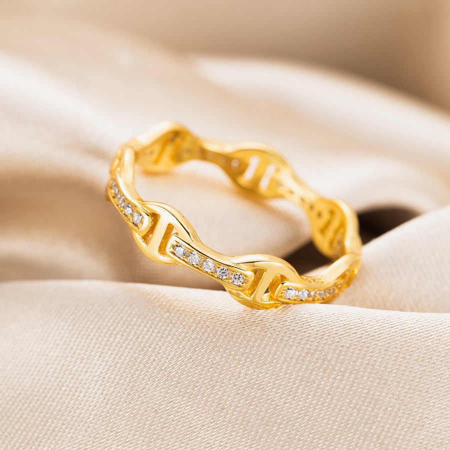 Sterling Silver 18K Gold Plated Cubic Zirconia Maritime Mariner Anchor Chain Link Stackable Ring Wedding Band