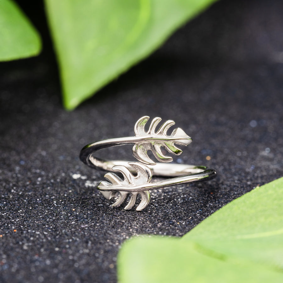 925 Sterling Silver Two Monstera Leaf Adjustable Easy Resize Wrap Around Bypass Ring Eternity Band