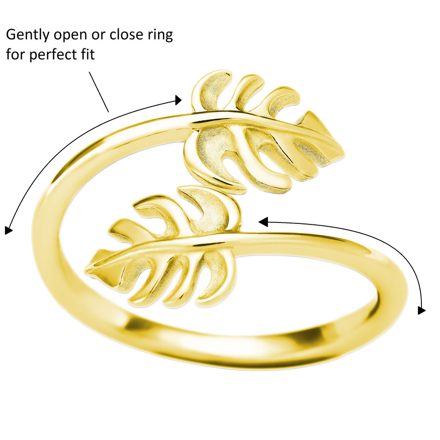 925 Sterling Silver 14K Gold Plated Two Monstera Leaf Adjustable Easy Resize Wrap Around Bypass Ring Eternity Band