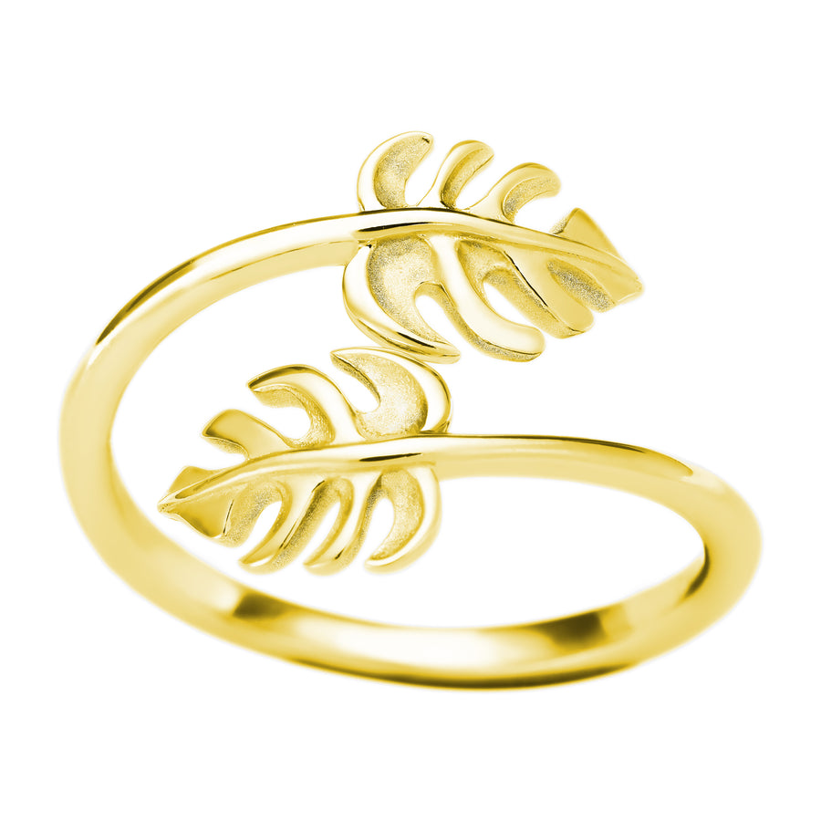 925 Sterling Silver 14K Gold Plated Two Monstera Leaf Adjustable Easy Resize Wrap Around Bypass Ring Eternity Band