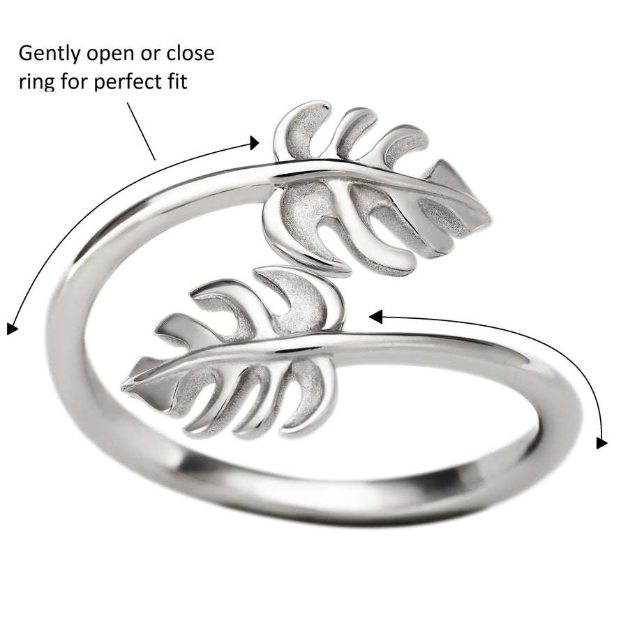 925 Sterling Silver Two Monstera Leaf Adjustable Easy Resize Wrap Around Bypass Ring Eternity Band