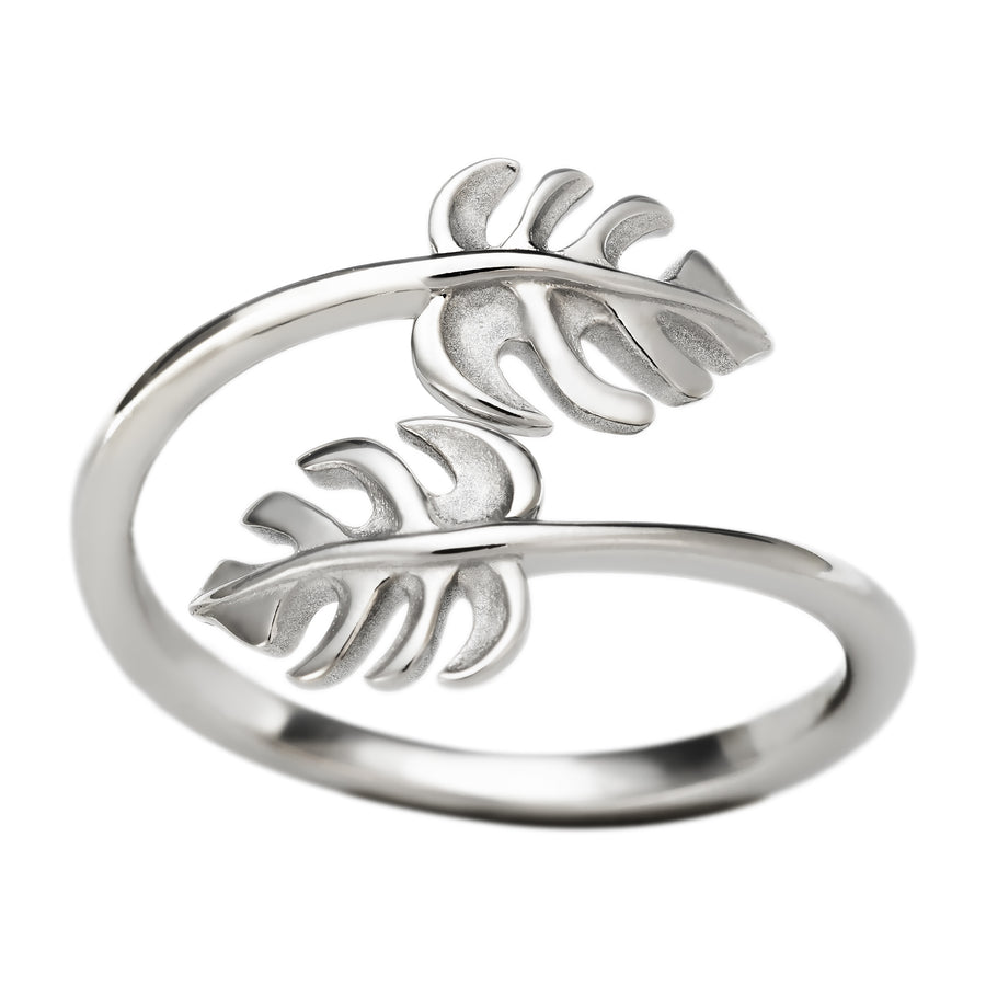 925 Sterling Silver Two Monstera Leaf Adjustable Easy Resize Wrap Around Bypass Ring Eternity Band