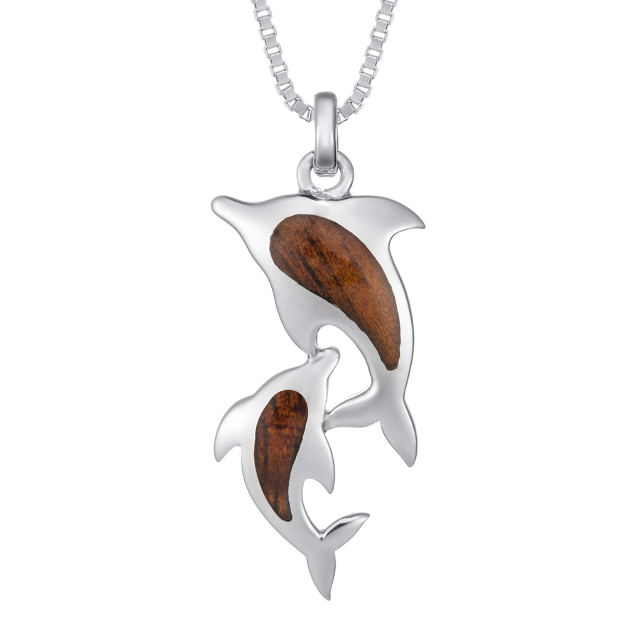 Sterling Silver Koa Wood Mother & Baby Dolphin Necklace Pendant