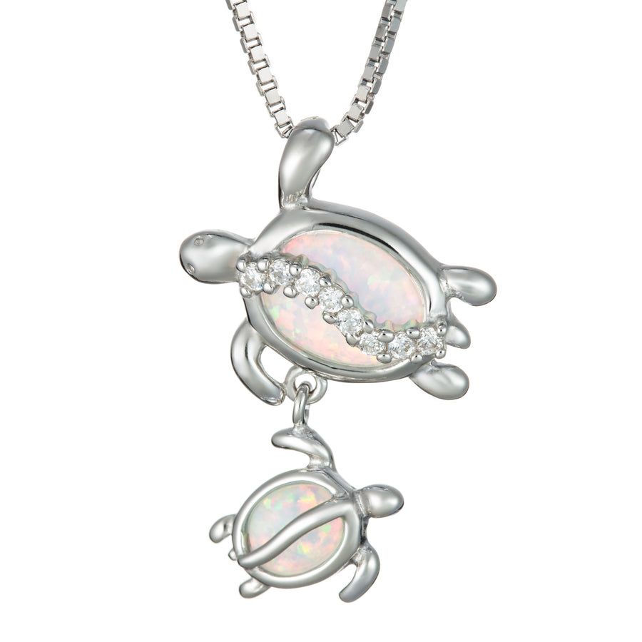 Sterling Silver Blue Opal Mother & Baby Turtle Necklace Pendant with Cubic Zirconia