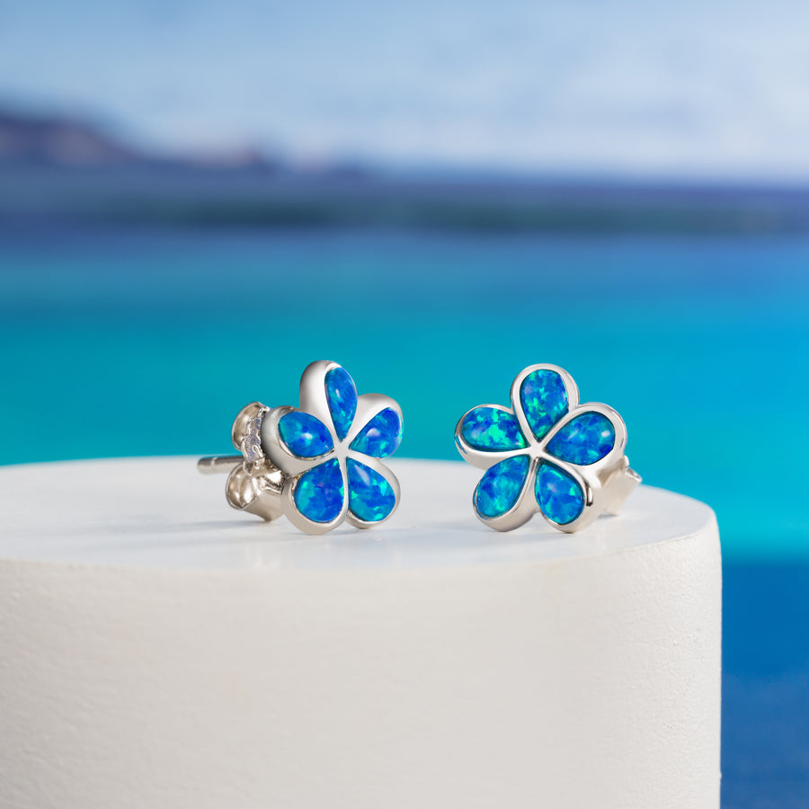 Sterling Silver Opal Plumeria Flower Stud Earrings