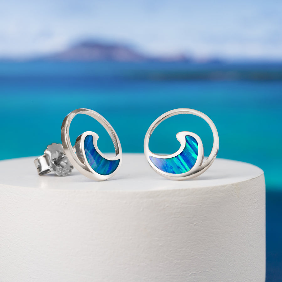 Sterling Silver Opal Circle Ocean Wave Stud Earrings