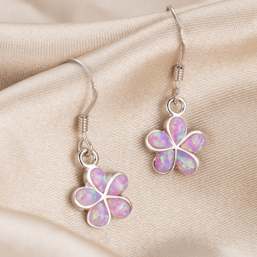 Sterling Silver Blue Opal Plumeria Flower Dangle Earrings