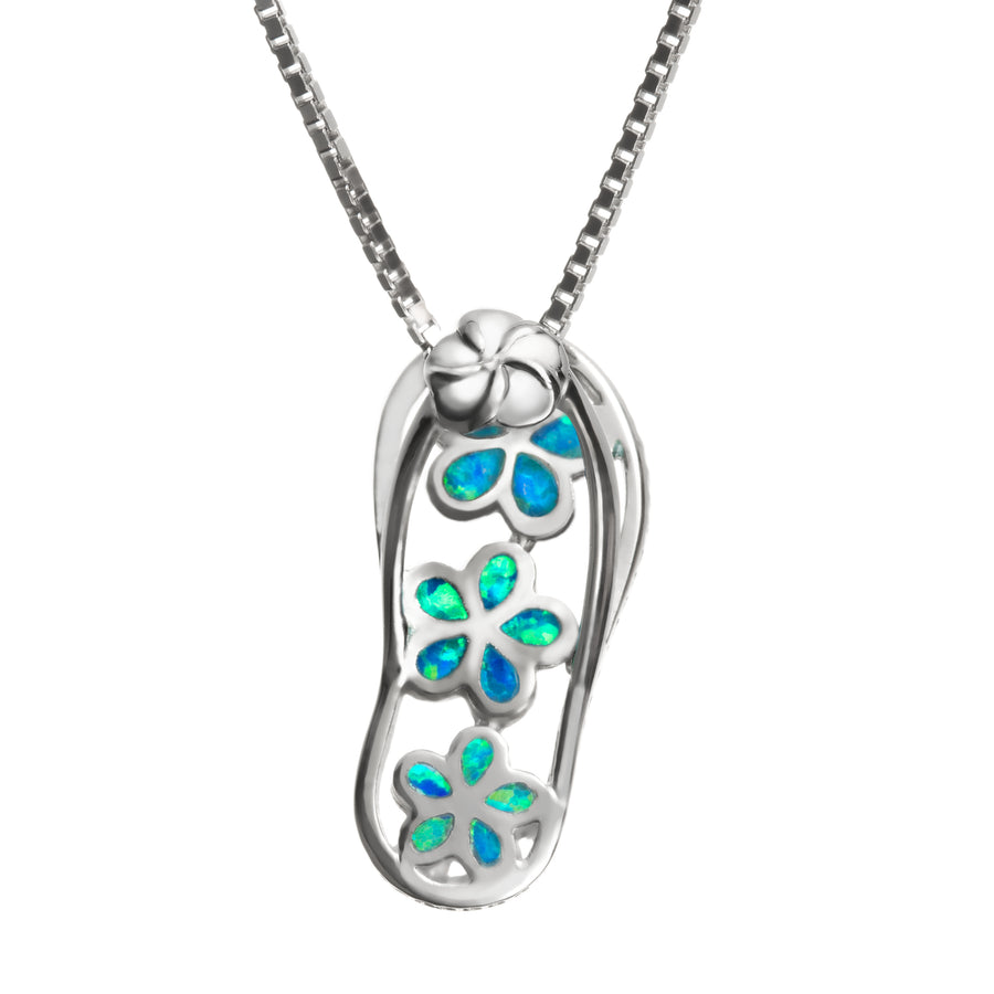 Sterling Silver Opal Plumeria Cut Out Flip Flop Slipper Pendant