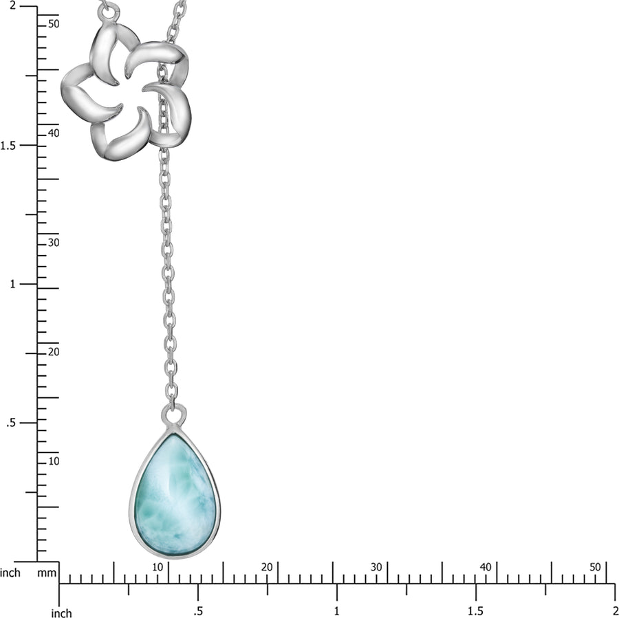 Sterling Silver Natural Larimar Plumeria Flower Raindrop Adjustable Link Chain Necklace Pendant with 16" - 18" Extender