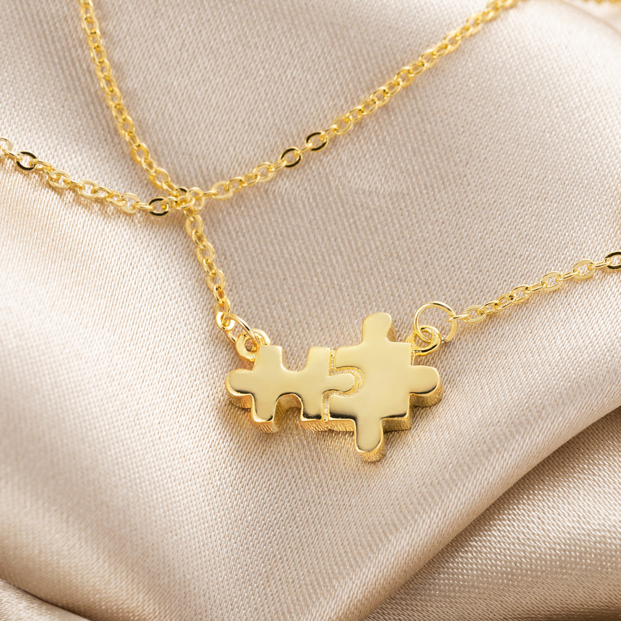 18K Gold Plated 925 Sterling Silver Perfect Pair Puzzle Piece Pendant with 18" -16" Adjustable Link Chain