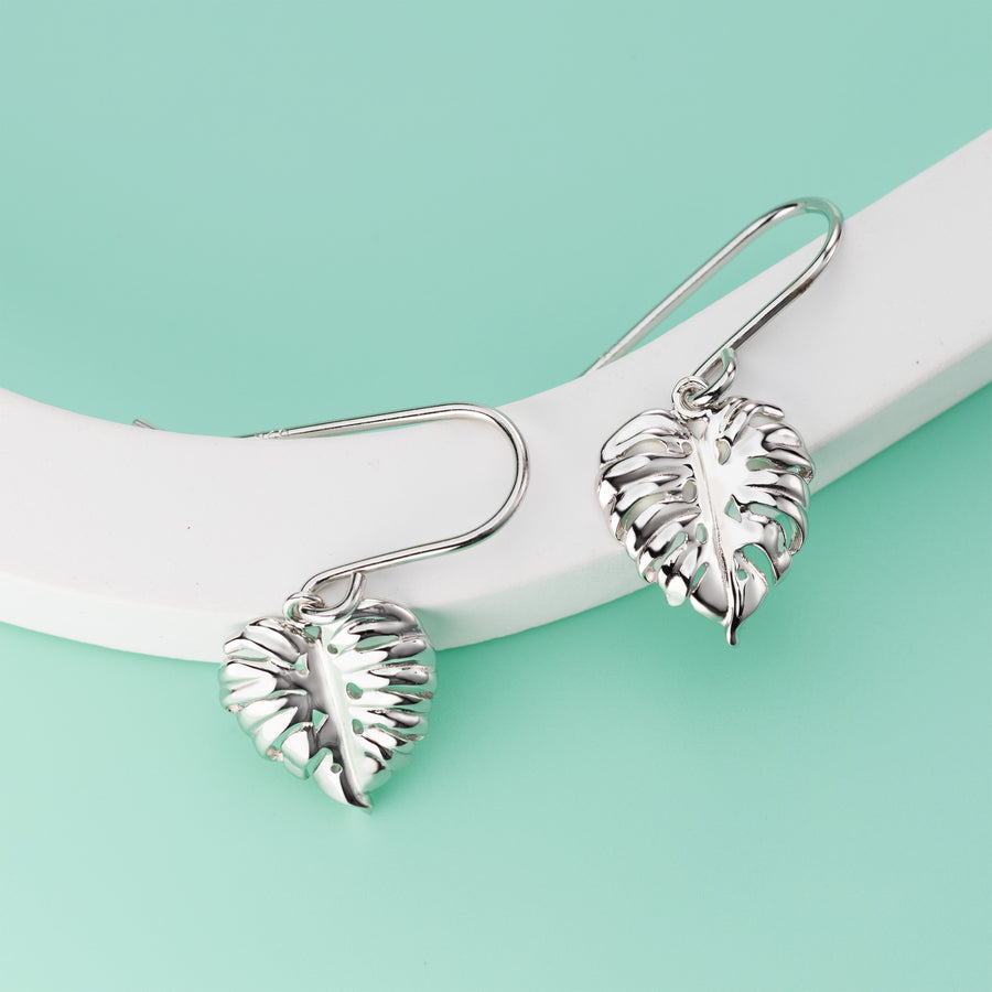 925 Sterling Silver Monstera Leaf Dangle Hook Earrings