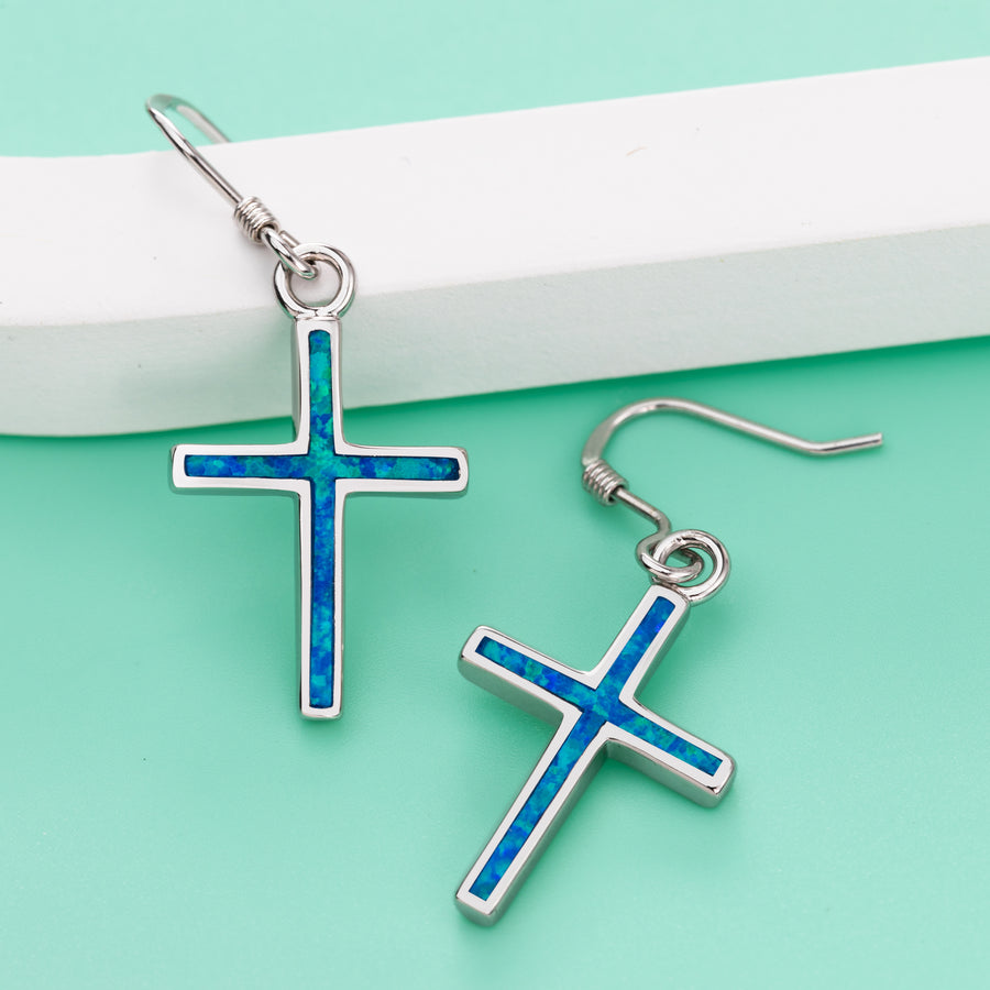 Sterling Silver Blue Opal Cross Dangle Earrings