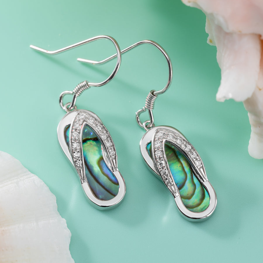 Sterling Silver Natural Abalone Shell Flip Flop Slipper Dangle Hook Earrings with Cubic Zirconia