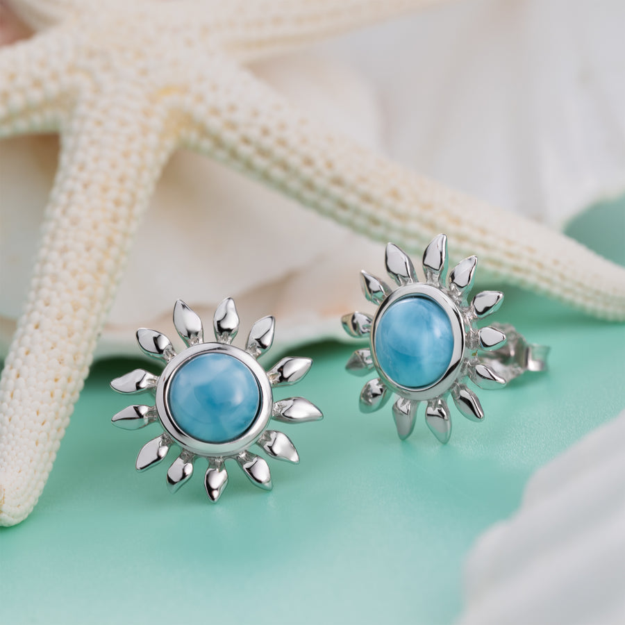 Sterling Silver Natural Larimar Sunflower Stud Earrings