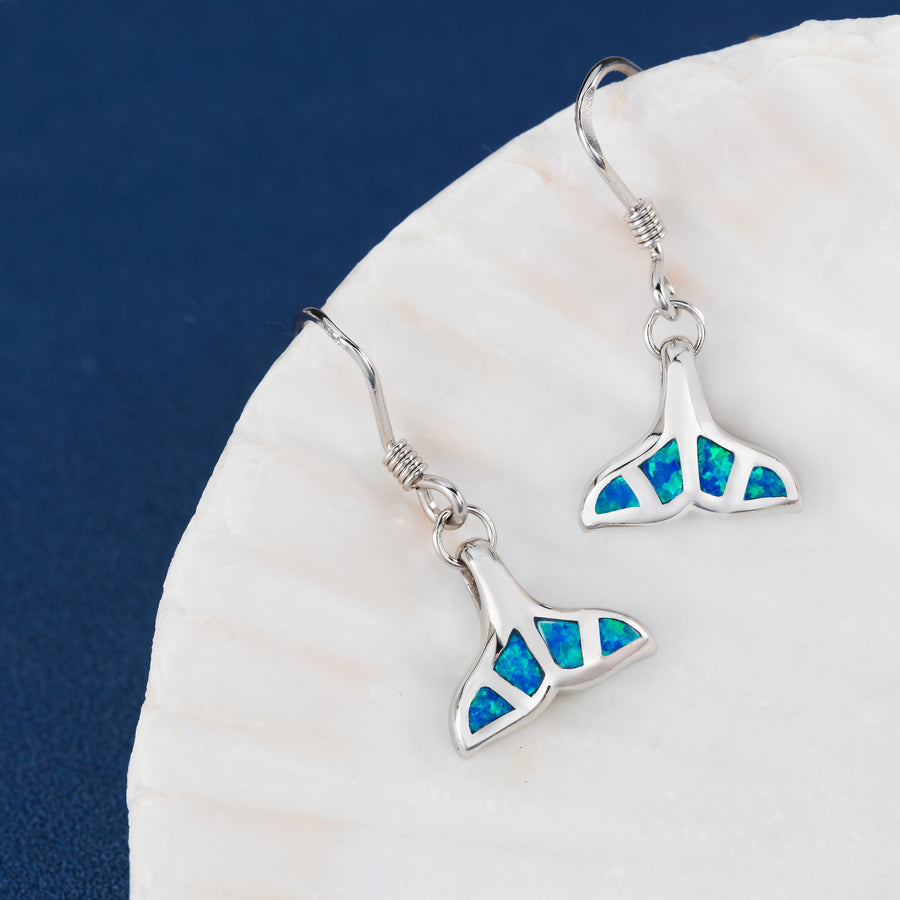 Sterling Silver Blue Opal Mosaic Whale Dangle Earrings