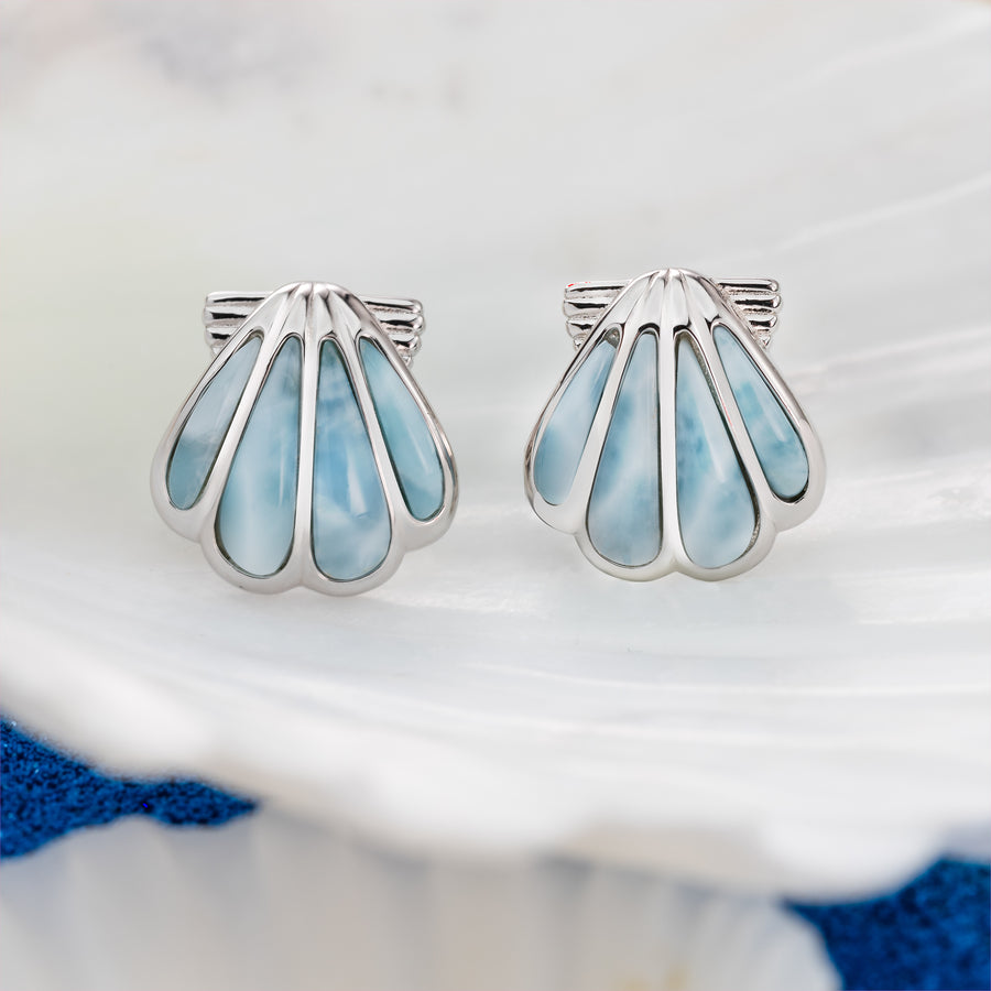 Sterling Silver Natural Larimar Sunrise Shell Stud Earrings