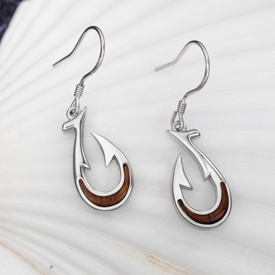 Sterling Silver Natural Koa Wood Barbed Fish Hook Dangle Hook Earrings