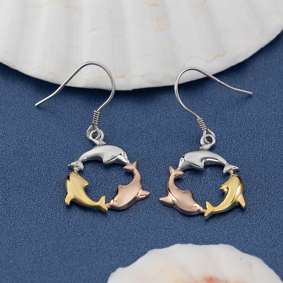 925 Sterling Silver 14K Gold Plated Tri-Color Three Dolphin Circle of Life Dangle Earrings