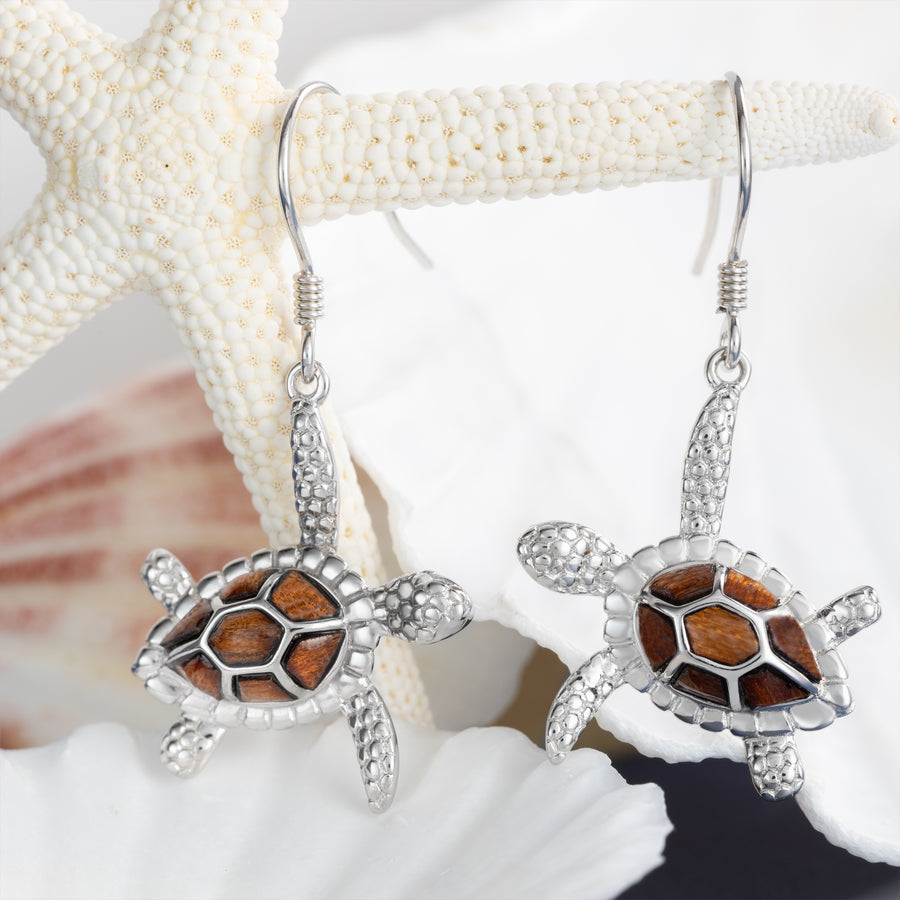 Sterling Silver Koa Wood 3D Turtle Dangle Earrings