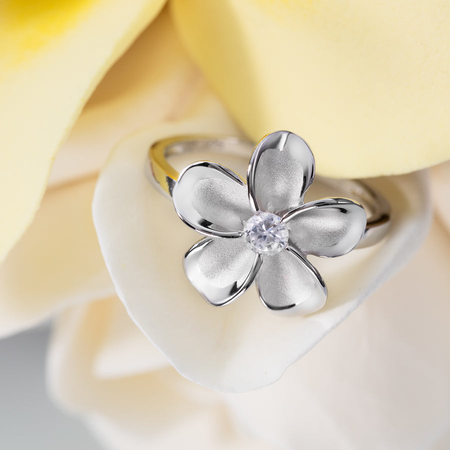 925 Sterling Silver & 14K Gold Plated Plumeria Flower Ring with Cubic Zirconia