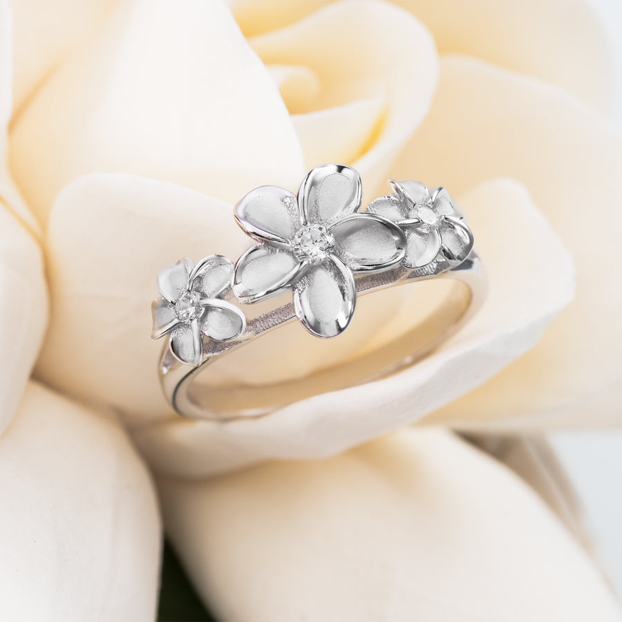 925 Sterling Silver CZ Three Plumeria Flower Ring