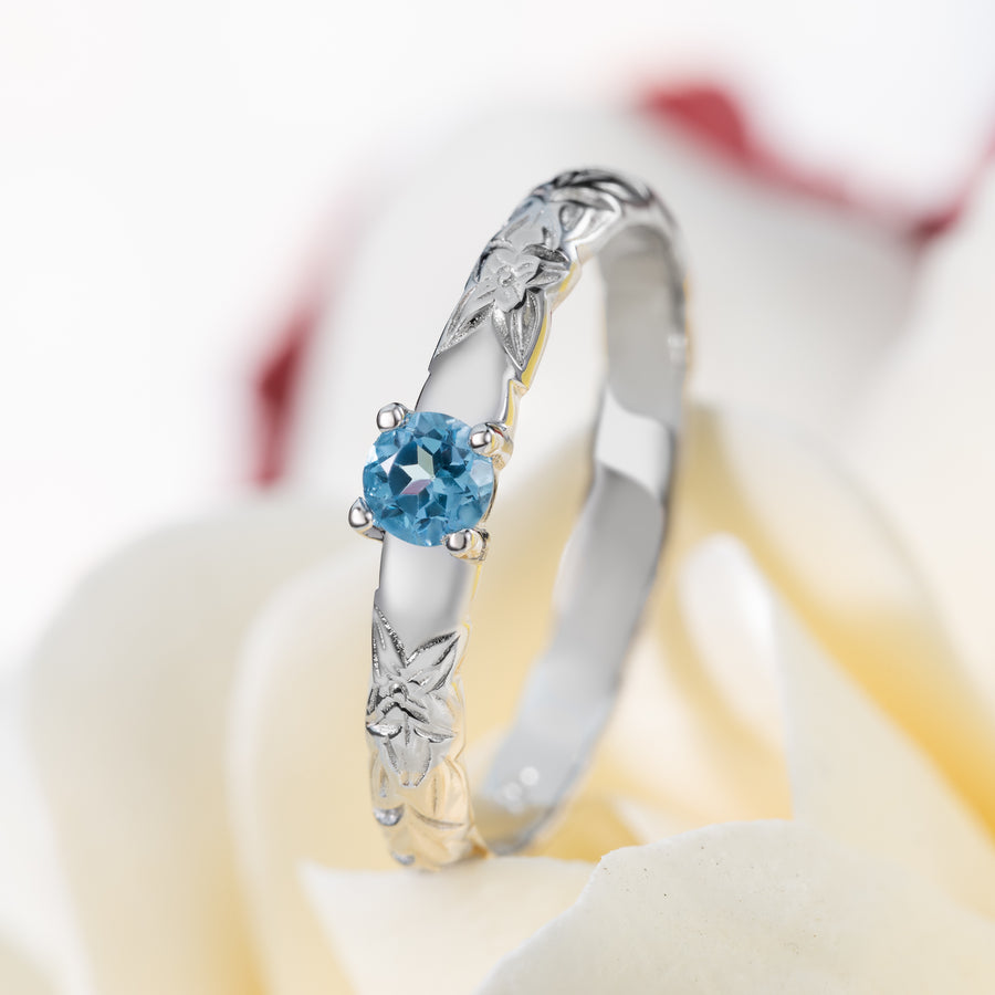 925 Sterling Silver Hawaiian Blue Topaz Princess Plumeria Flower Scroll Ring Stackable Wedding Band