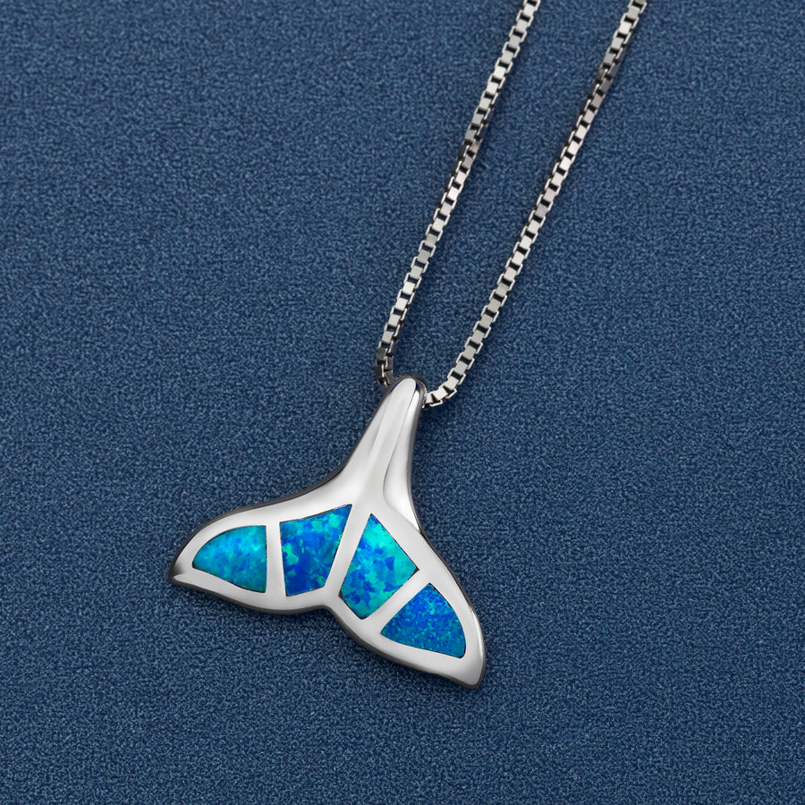 Sterling Silver Blue Opal Striped Whale Tail Necklace Pendant