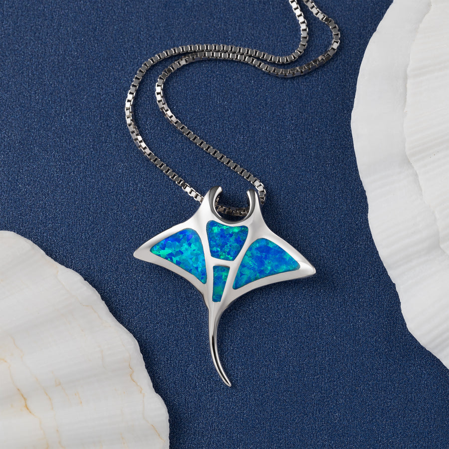 Sterling Silver Created Blue Opal Manta Ray Pendant