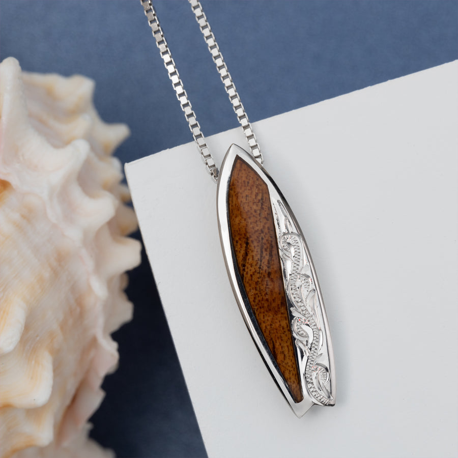 Sterling Silver Natural Koa Wood Surfboard Pendant - Hawaiian Heirloom Hybrid