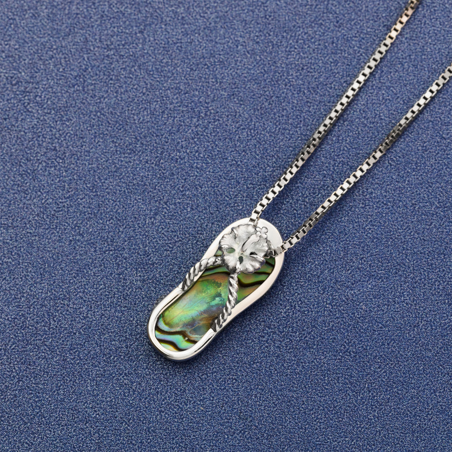 Sterling Silver Natural Abalone Shell Hibiscus Flower Flip Flop Slipper Necklace Pendant