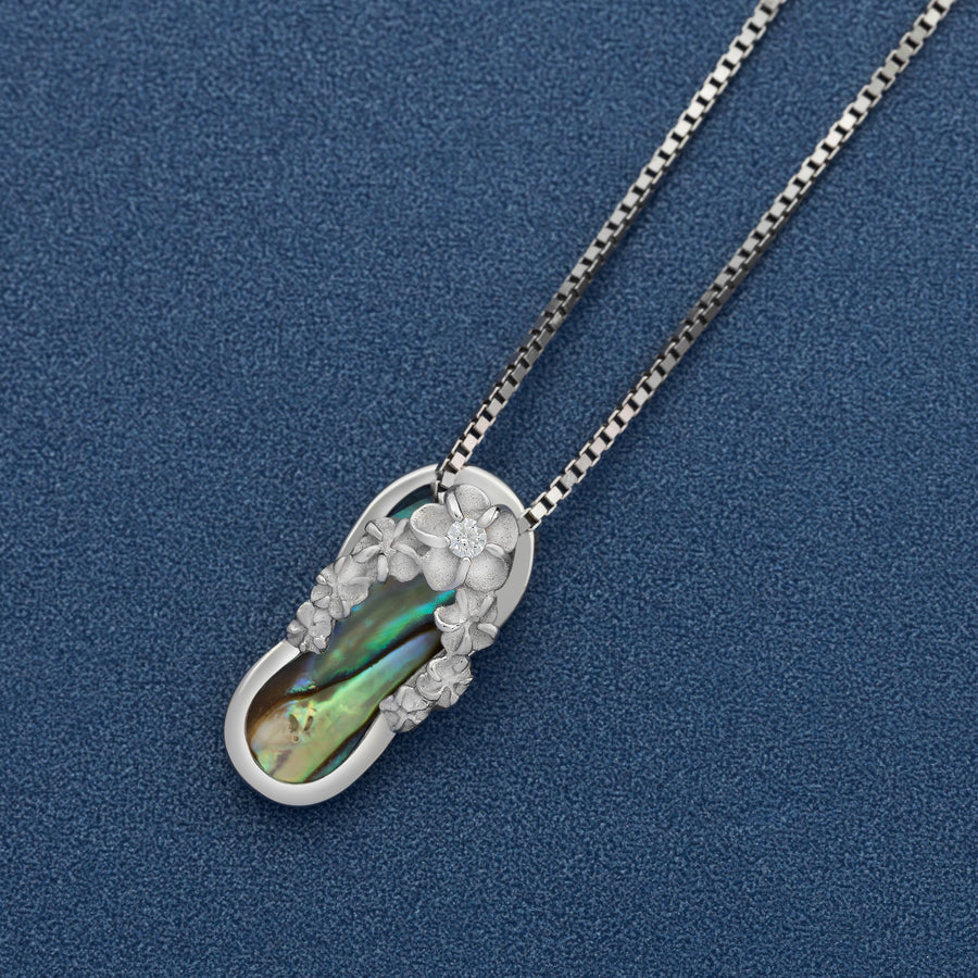 Sterling Silver Natural Abalone Shell Plumeria Flower Flip Flop Slipper Necklace Pendant with Cubic Zirconia