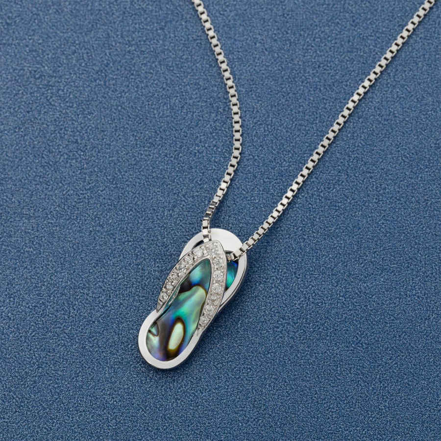 Sterling Silver Natural Abalone Shell Flip Flop Slipper Necklace Pendant with Cubic Zirconia