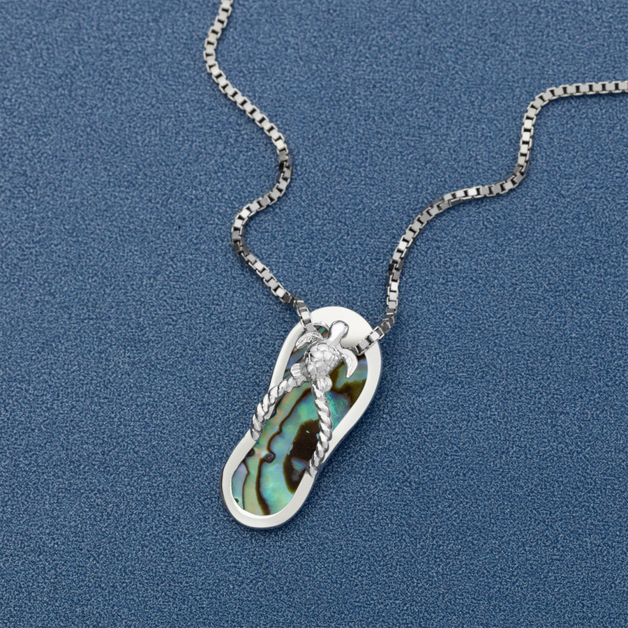 Sterling Silver Natural Abalone Shell Turtle Flip Flop Slipper Necklace Pendant