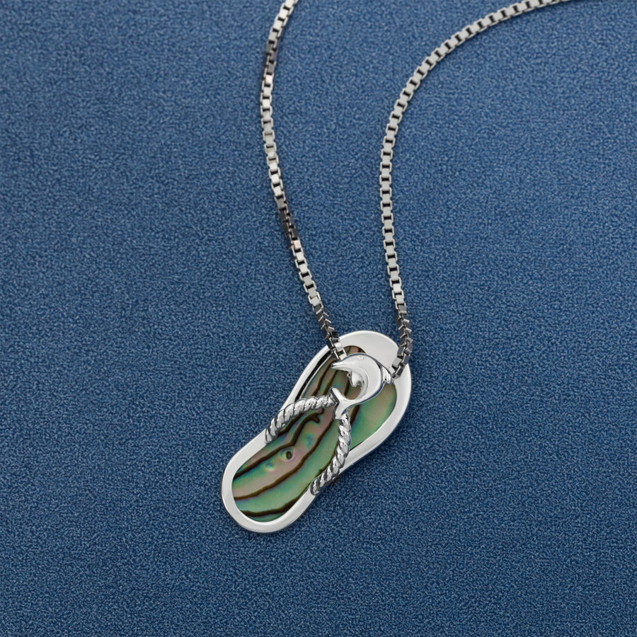 Sterling Silver Natural Abalone Shell Dolphin Flip Flop Slipper Necklace Pendant