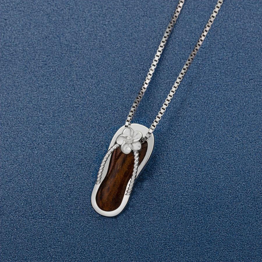 Sterling Silver Natural Koa Wood Plumeria Flip Flop Slipper Pendant with Cubic Zirconia