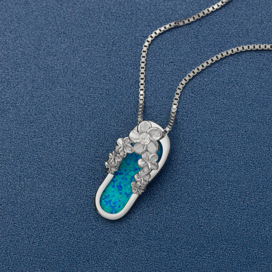 Sterling Silver Opal Plumeria Flip Flop Slipper Pendant with Cubic Zirconia